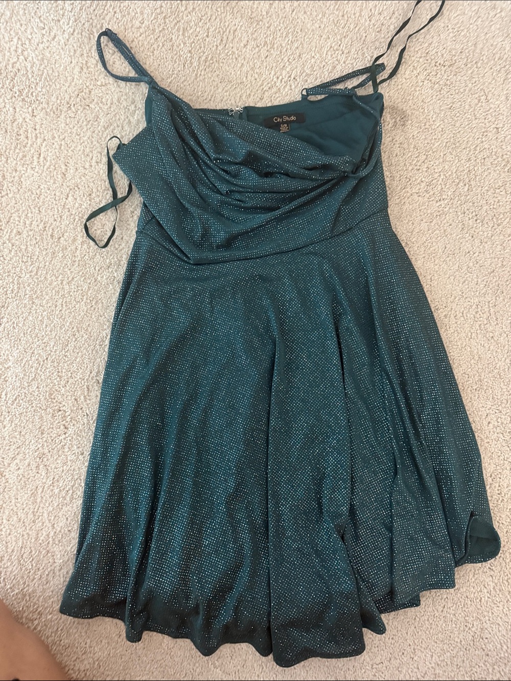 City Studio Teal Shimmer Cowl Neck Mini Dress